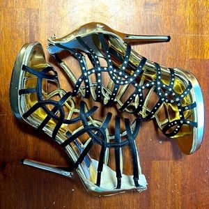 Nina leather black and gold heels.  Jeweled.  Size 7 US/37 EUR.